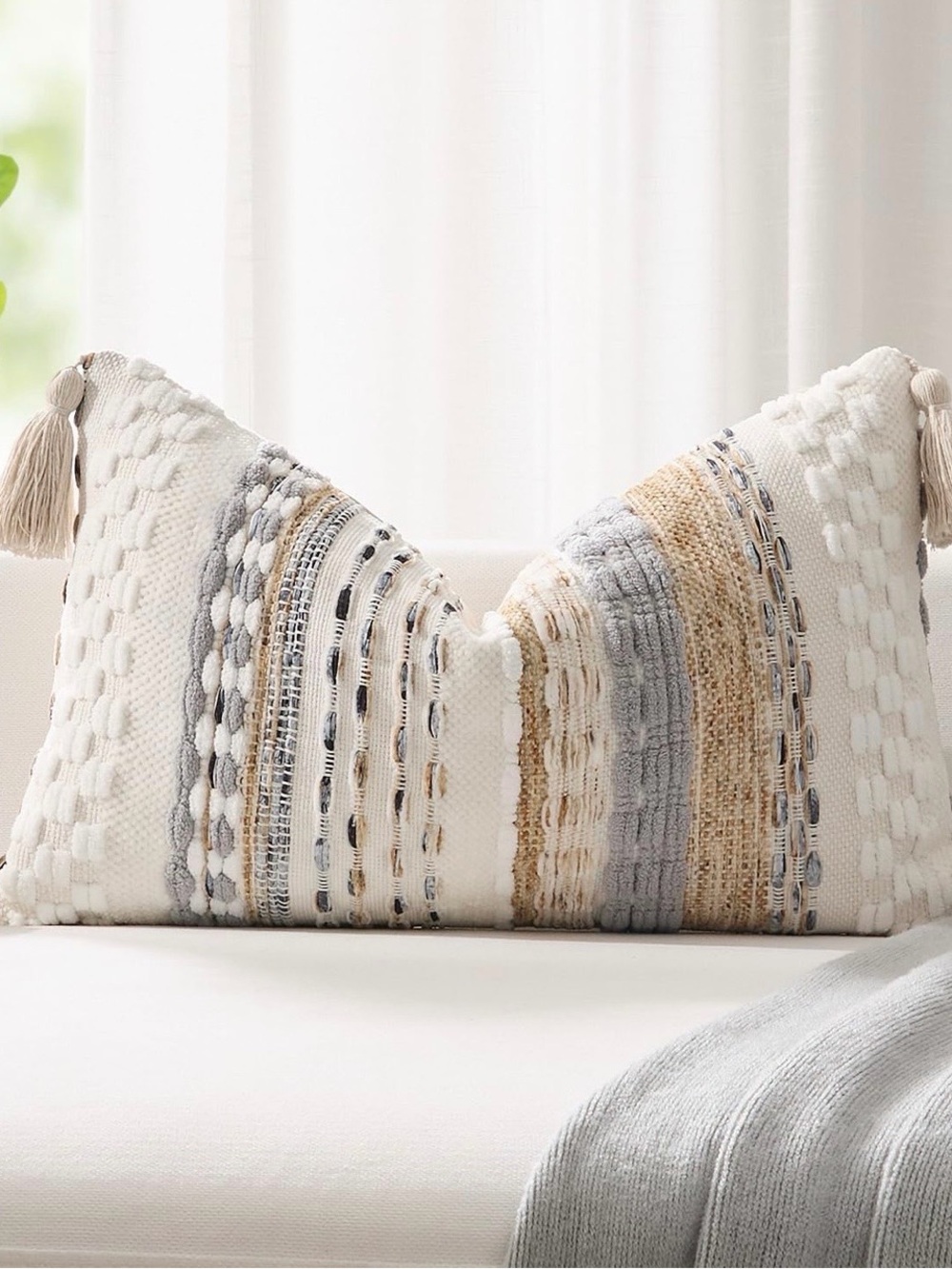 Neutral Stripe Decorative Lumbar Pillow - Cream, Gray & Tan